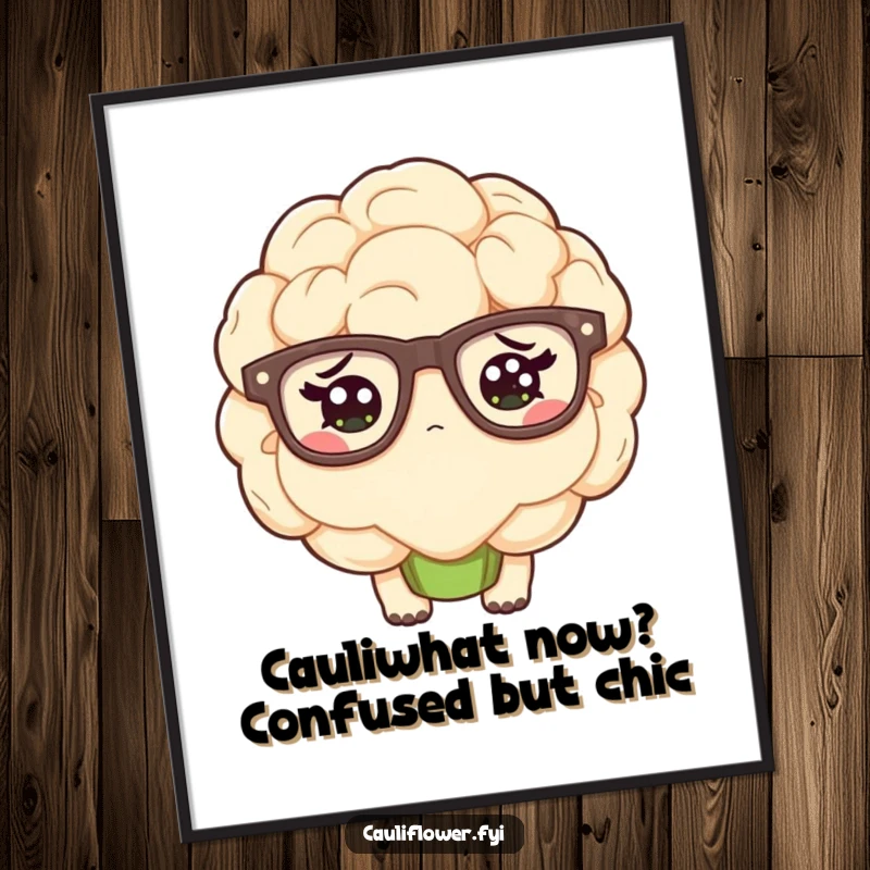 Funny free printable wall art of a kawaii cauliflower sporting oversized glasses and wearing a hilariously confused expression.