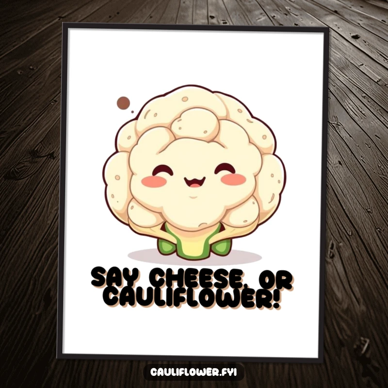 Funny free printable wall art: a cauliflower making a bizarre and comical face, with a speech bubble, adding humor to walls.