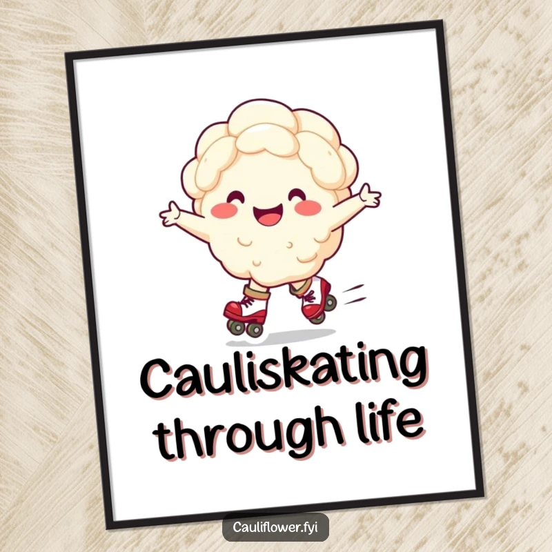 Funny Free Printable Wall Art: A cheerful cauliflower character glides on tiny roller skates, radiating joy and playful energy.