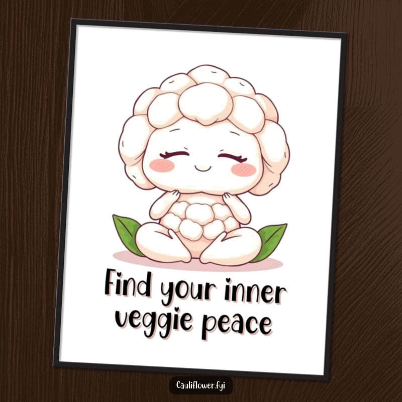 Funny Free Printable Wall Art of a cauliflower meditating with eyes closed, wearing a serene smile, radiating peaceful energy.