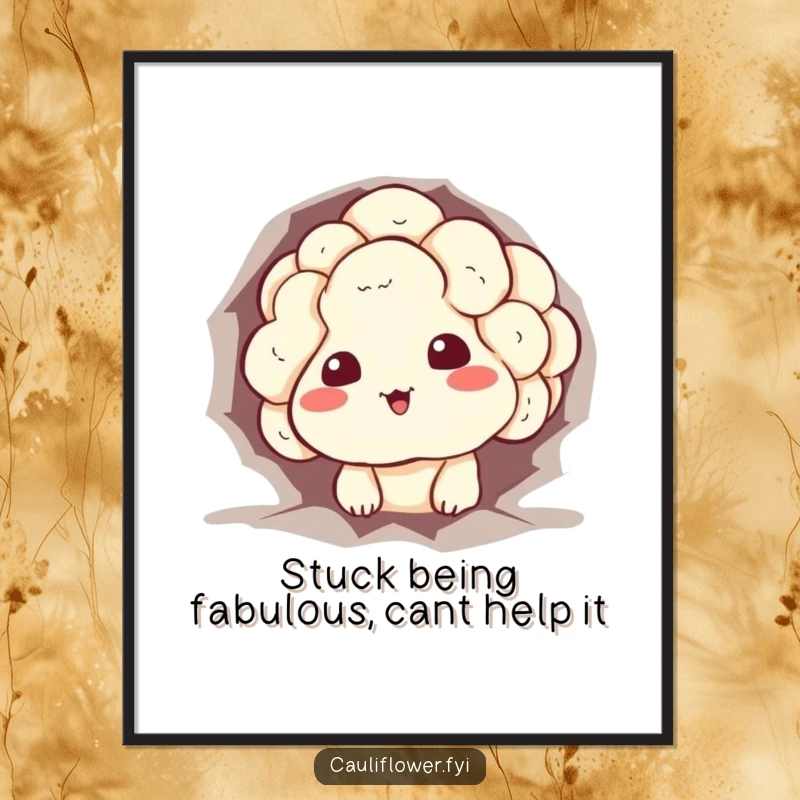 Funny Free Printable Wall Art: A cauliflower character comically stuck in a tiny hole, peeking out with a sheepish grin.