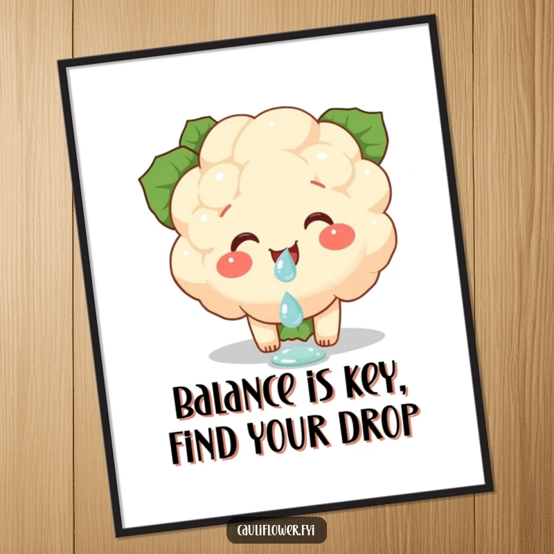 Funny Free Printable Wall Art of a cauliflower piece giggling happily while delicately balancing a single dewdrop, exuding peace.