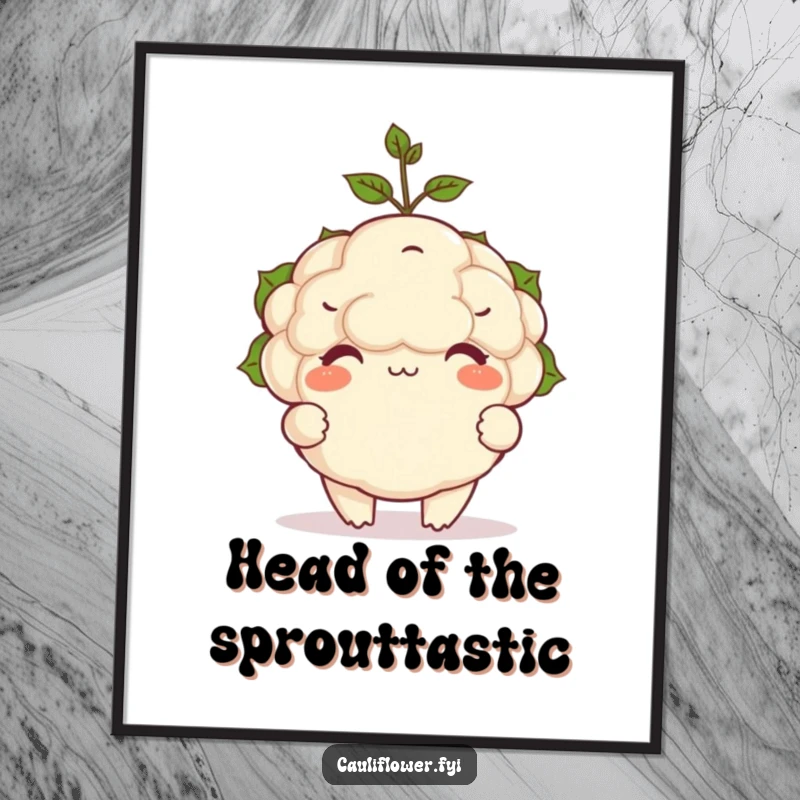 Funny Free Printable Wall Art: A plump, happy cauliflower balancing a tiny green sprout on its head.