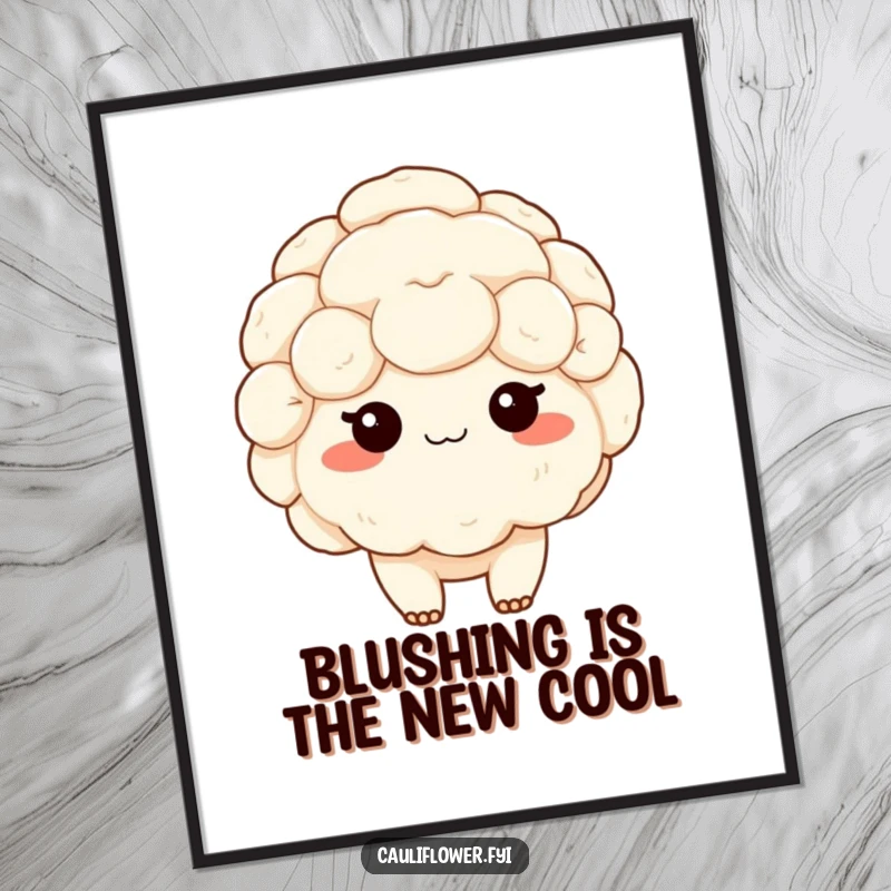 Funny Free Printable Wall Art showcasing a shy kawaii cauliflower blushing with rosy cheeks, bringing gentle charm to any wall.