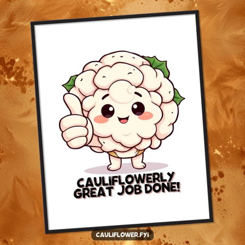 Funny free printable wall art of a kawaii cauliflower character giving a thumbs up with comically large fingers.