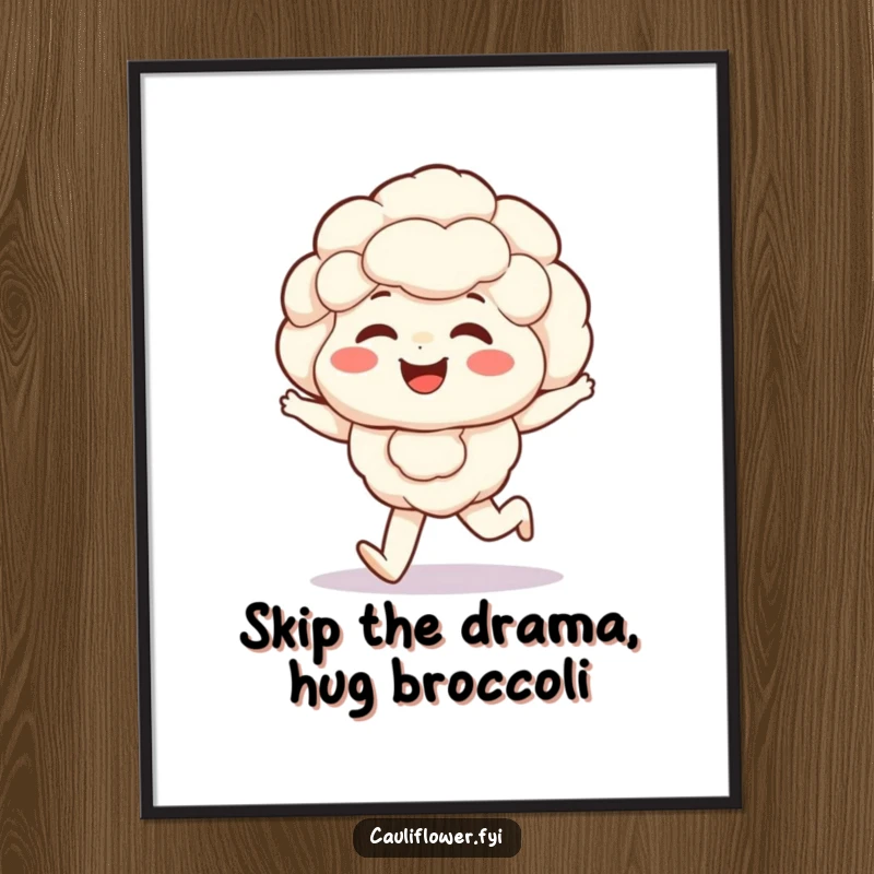Funny Free Printable Wall Art: Adorable Kawaii cauliflower with rosy cheeks, giggling and taking a happy skipping stride.