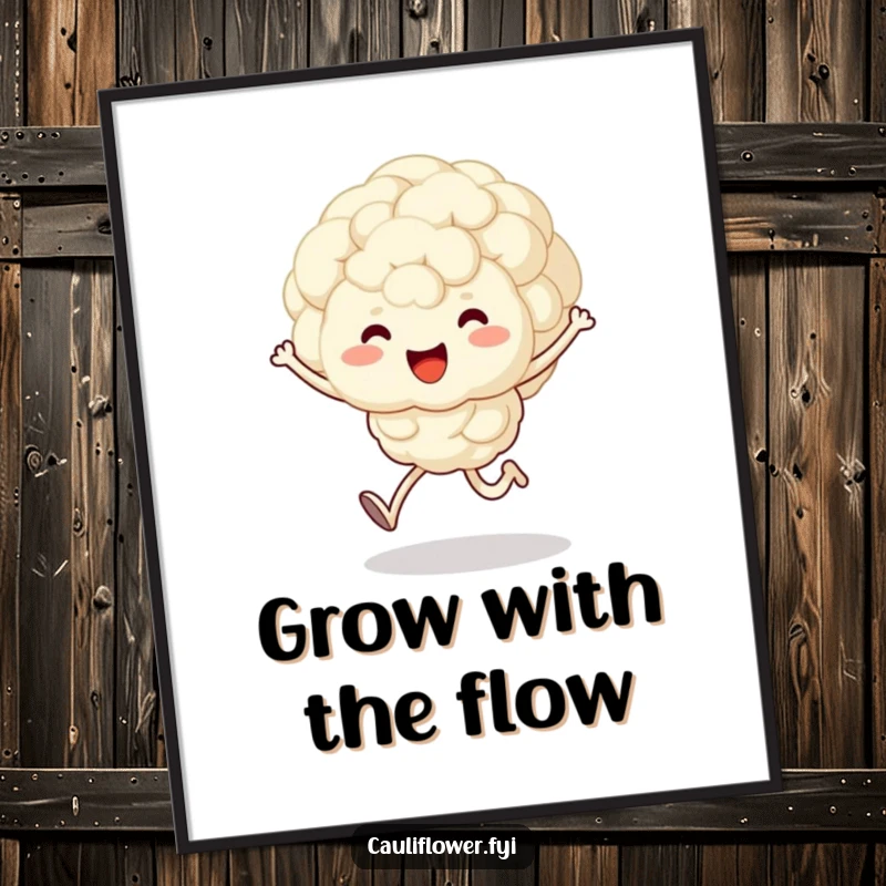 Funny Free Printable Wall Art: A fluffy kawaii cauliflower character with arms and legs is captured mid-skip, radiating pure joy.