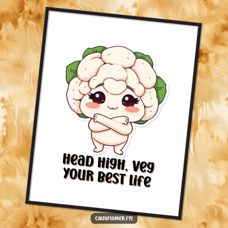 Funny Free Printable Wall Art of a proud cauliflower with little arms crossed, looking satisfied and confident on display.