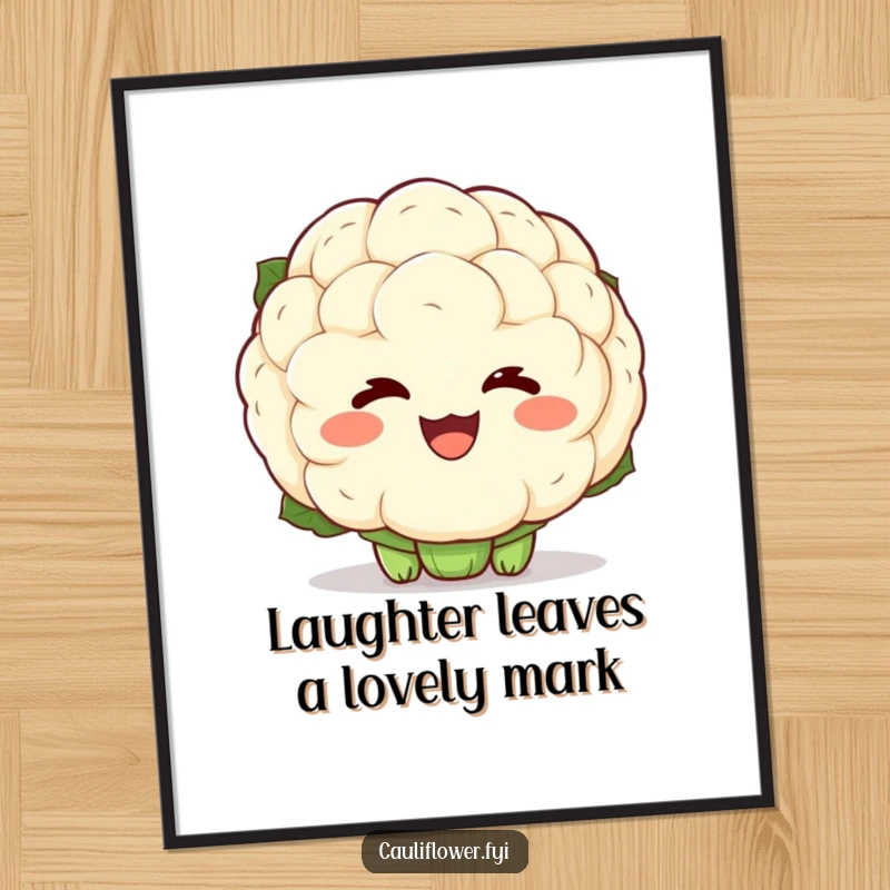 Funny Free Printable Wall Art featuring a kawaii cauliflower with exaggerated laughter lines around its eyes, radiating contagious joy.