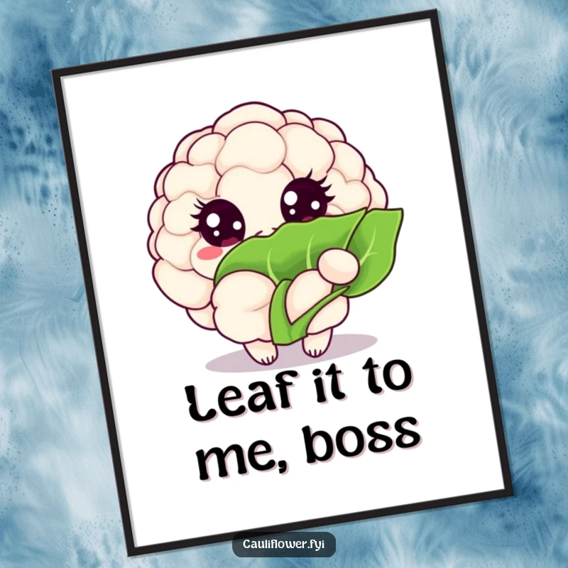 Funny Free Printable Wall Art: Adorable Kawaii cauliflower with large sparkling eyes, peeking from behind a lush green leaf.