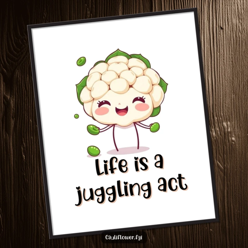 Funny free printable wall art of a happy cauliflower head expertly juggling small green peas, showcasing skill and humor.