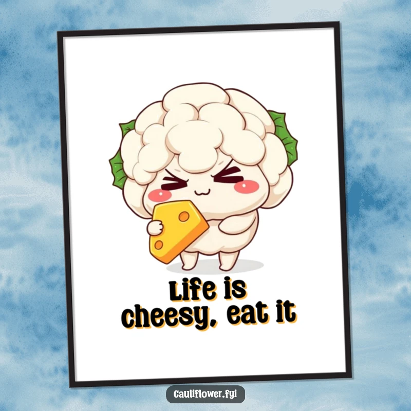 Funny Free Printable Wall Art: Kawaii cauliflower character winking mischievously, holding a delicious slice of cheese.