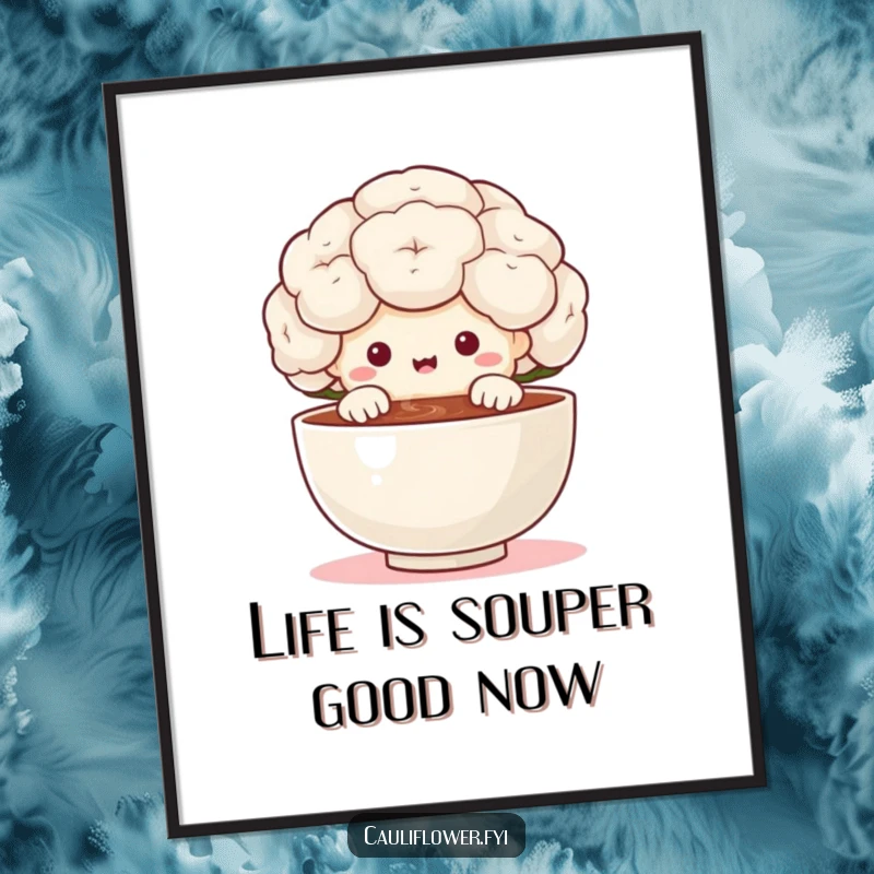 Funny Free Printable Wall Art: A happy cauliflower peeks over a tiny, steaming bowl with pure delight.