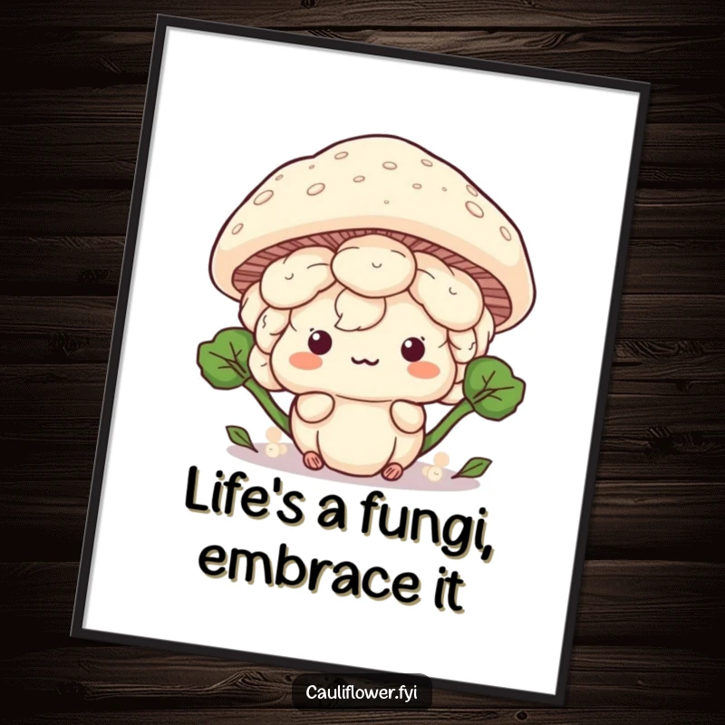 Funny Free Printable Wall Art: Playful Kawaii cauliflower peeking from behind a giant mushroom cap, cute and whimsical, ideal downloadable decor.