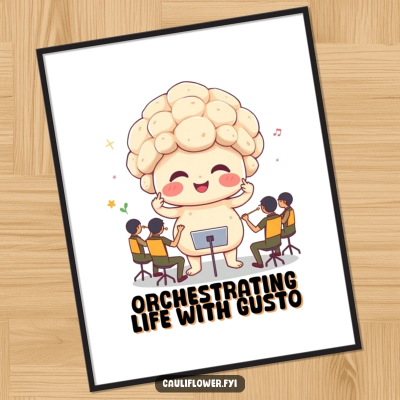 Funny Free Printable Wall Art: A happy cauliflower with sprout arms enthusiastically conducting a tiny orchestra, radiating positive energy.