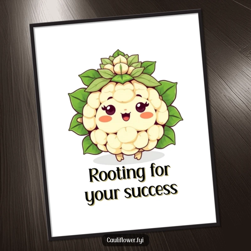 Funny Free Printable Wall Art: Happy Kawaii cauliflower cheering with a handmade leaf pom-pom, radiating positivity, ideal downloadable decor.