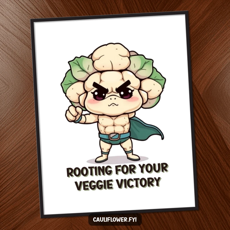 Funny free printable wall art of a determined cauliflower striking a superhero pose, exuding strength and humor, downloadable decor.