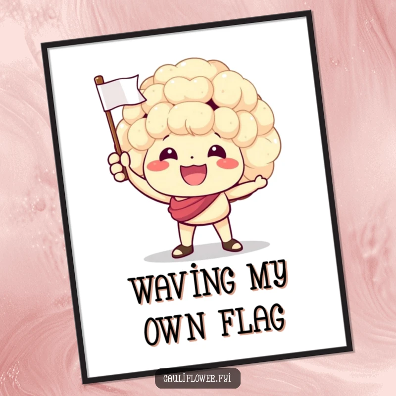 Funny Free Printable Wall Art: A joyful vegan character enthusiastically waves a tiny flag, embodying celebration and positive energy.