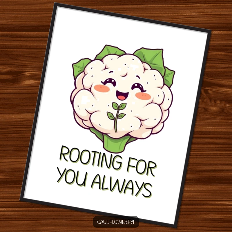 Funny Free Printable Wall Art: A joyful, smiling cauliflower character is shown sprouting a tiny, happy cauliflower seedling.