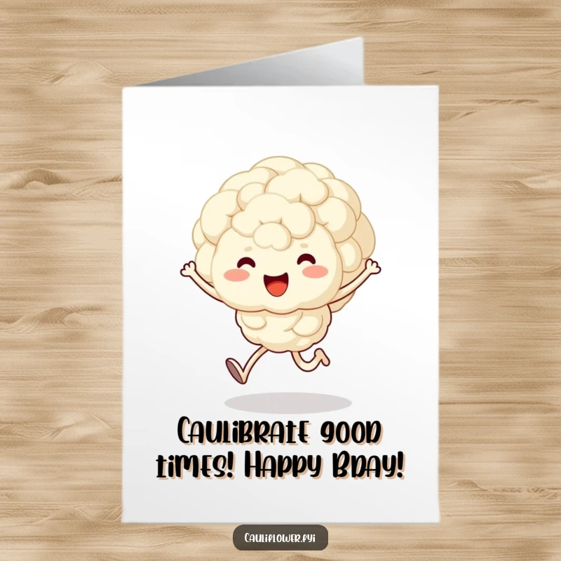 Funny Free Printable Birthday Card: A fluffy kawaii cauliflower character joyfully skips with its arms and legs, radiating birthday happiness.