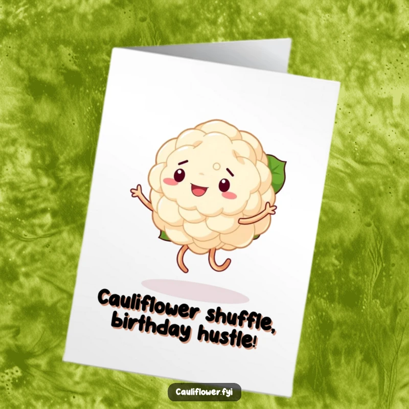 Funny free printable birthday card: a goofy cauliflower busting a move with incredibly wobbly, dancing legs, spreading cheer.