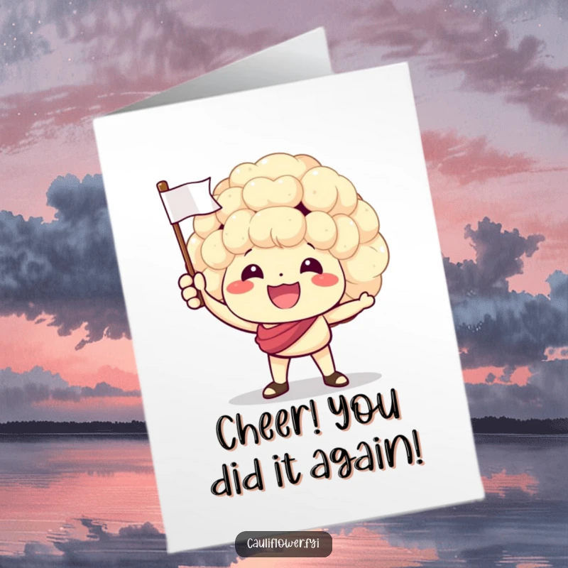 Funny Free Printable Birthday Card: Enthusiastic cauliflower waves a tiny flag with glee, celebrating a special birthday occasion joyfully.