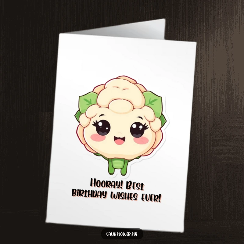Funny Free Printable Birthday Card featuring a cauliflower character with big, happy eyes enthusiastically cheering, full of excitement.