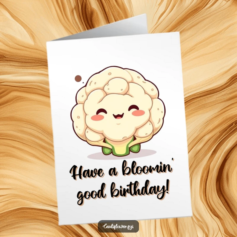 Funny free printable birthday card: a cauliflower with a distorted, comical face inside a speech bubble, wishing a happy birthday.