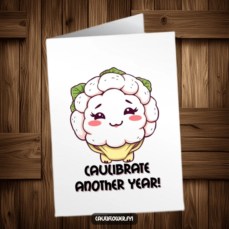 Funny free printable birthday card featuring a kawaii cauliflower with a silly lopsided grin and floppy leaves, ready to celebrate.