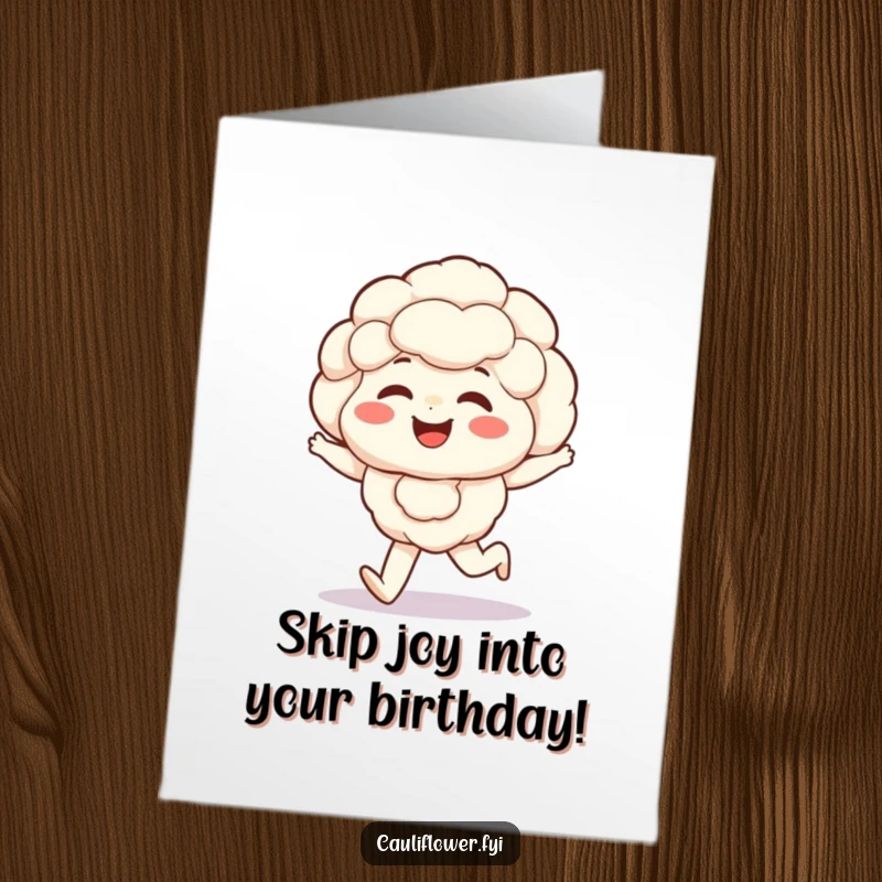 Funny Free Printable Birthday Card: Giggling Kawaii cauliflower with rosy cheeks, happily skipping with pure delight.