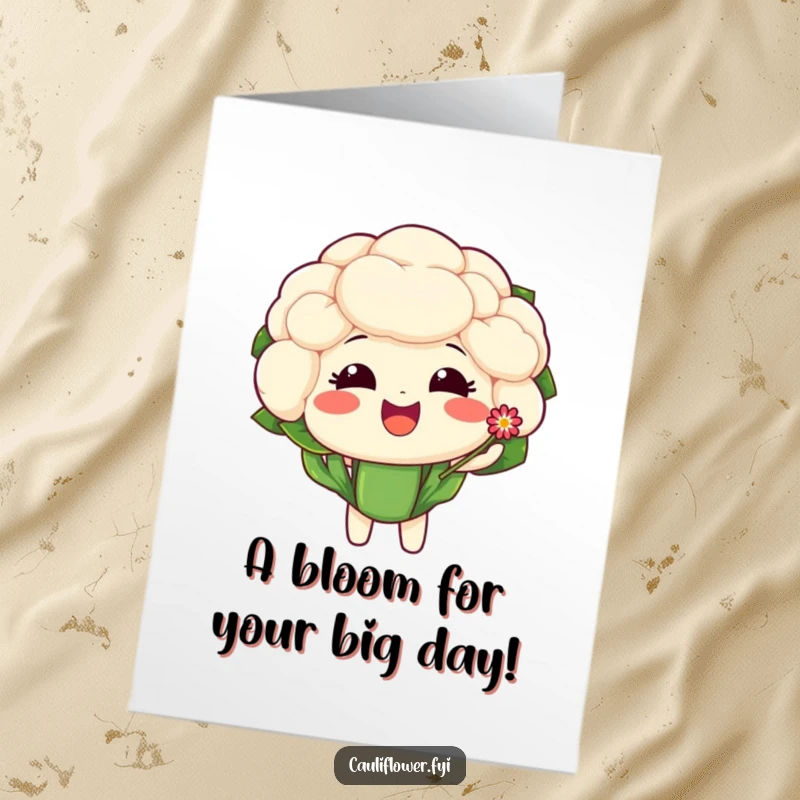 Funny Free Printable Birthday Card: A cauliflower character beaming with delight, offering a tiny sparkling flower. Sweet art.