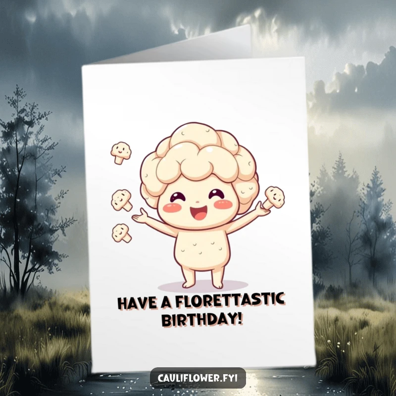 Funny Free Printable Birthday Card: Smiling Kawaii cauliflower enthusiastically juggling small cauliflower florets, full of fun.