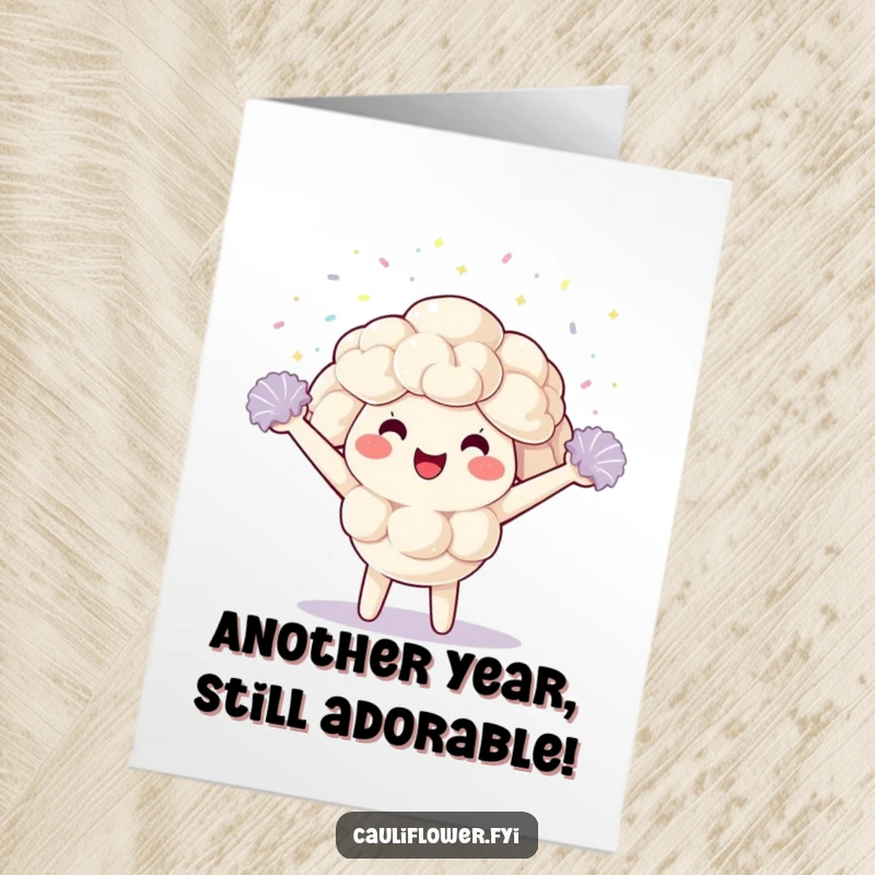 Funny Free Printable Birthday Card: Kawaii cauliflower with pom-poms cheering, releasing sparkly confetti in celebration.