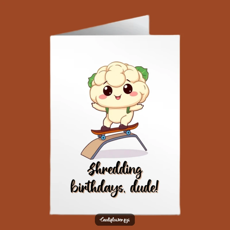 Free Printable Birthday Card: Kawaii Cauliflower Skater - Cool Funny Downloadable Gift