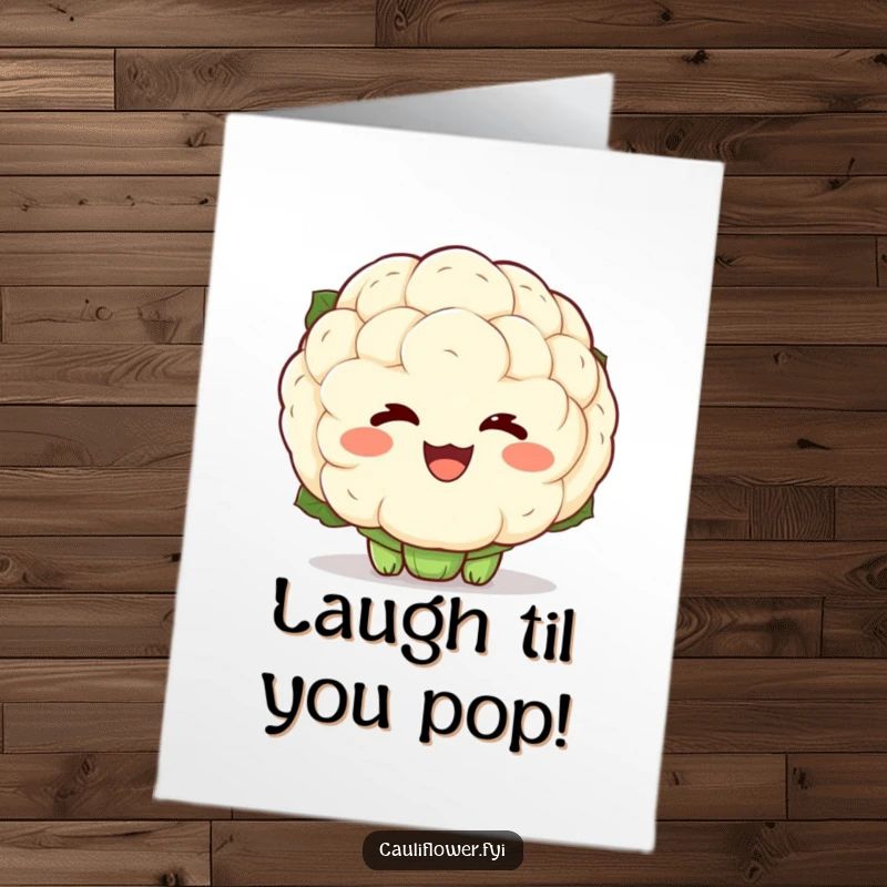 Funny Free Printable Birthday Card showing a kawaii cauliflower with exaggerated laughter lines, radiating pure delight and happiness.