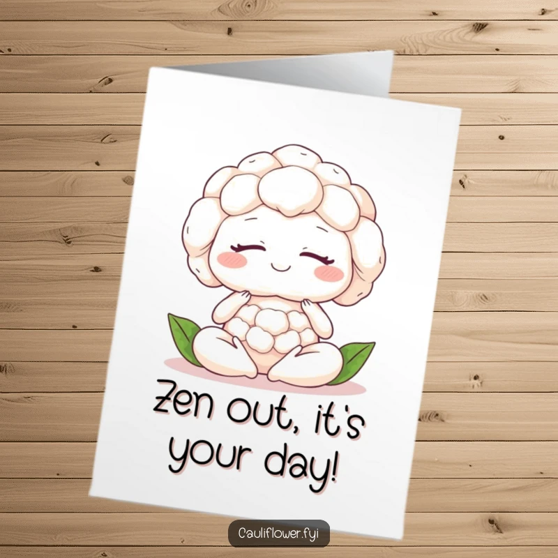 Funny Free Printable Birthday Card: A cauliflower meditating peacefully with closed eyes and a gentle, happy smile.