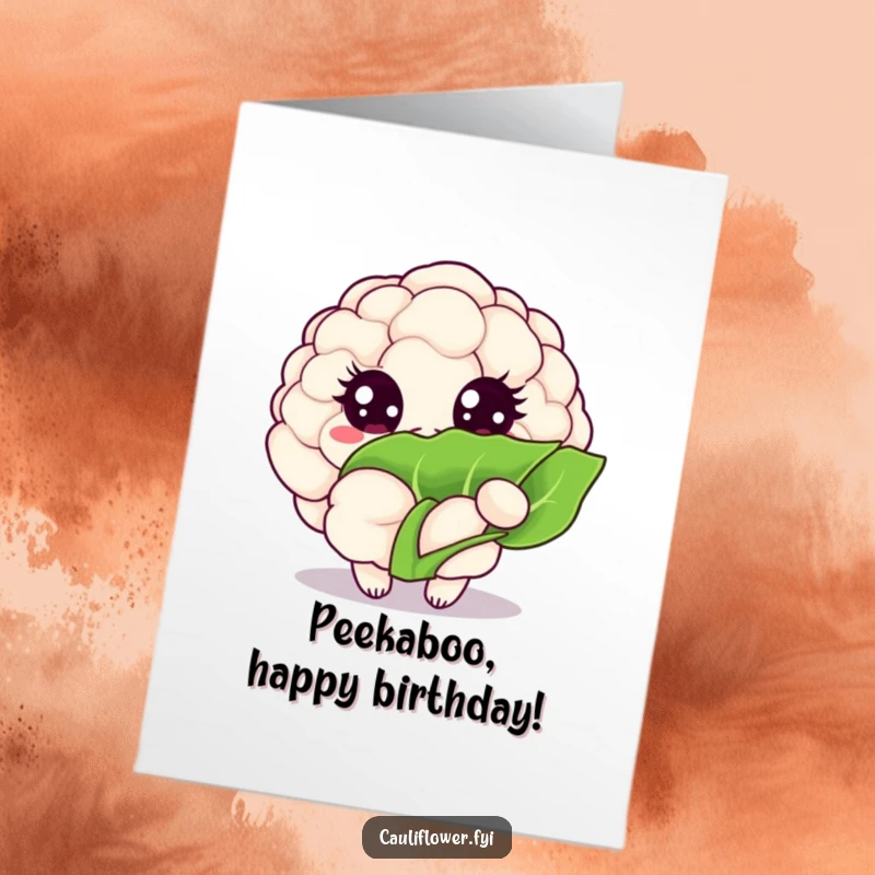 Funny Free Printable Birthday Card: Kawaii cauliflower with big, sparkling eyes, playfully peeking from behind a vibrant green leaf.