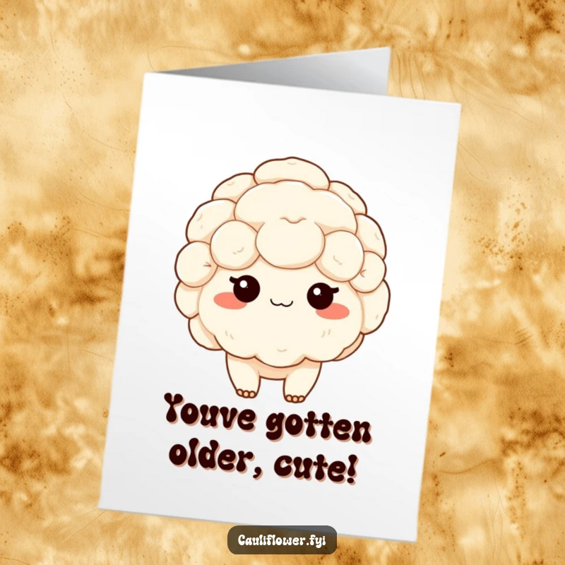 Funny Free Printable Birthday Card showing a kawaii cauliflower blushing shyly with rosy cheeks, offering sweet birthday sentiments.