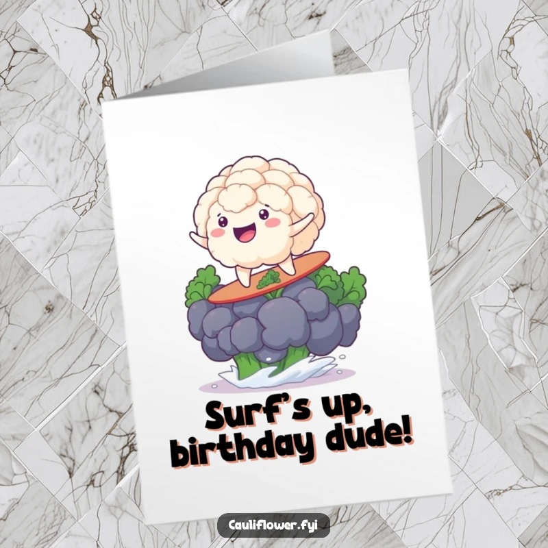 Funny Free Printable Birthday Card: A cauliflower grinning widely while surfing a giant broccoli floret wave.