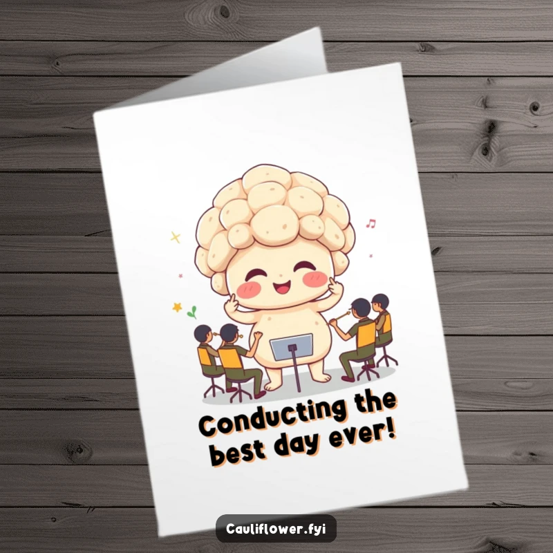 Funny Free Printable Birthday Card: A happy cauliflower maestro with sprout arms enthusiastically conducting a tiny orchestra with a baton.
