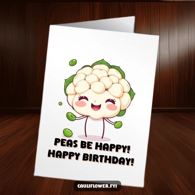 Funny free printable happy cauliflower head skillfully juggling small green peas, celebrating a birthday with skill and humor.