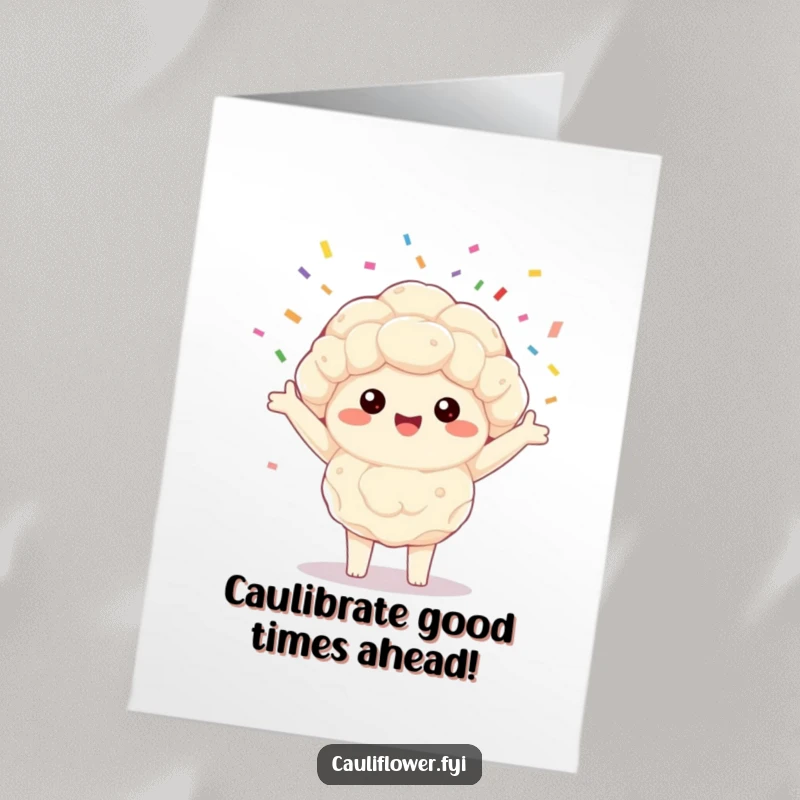 Funny Free Printable Birthday Card: Kawaii cauliflower joyfully spinning confetti with outstretched arms, spreading cheer.