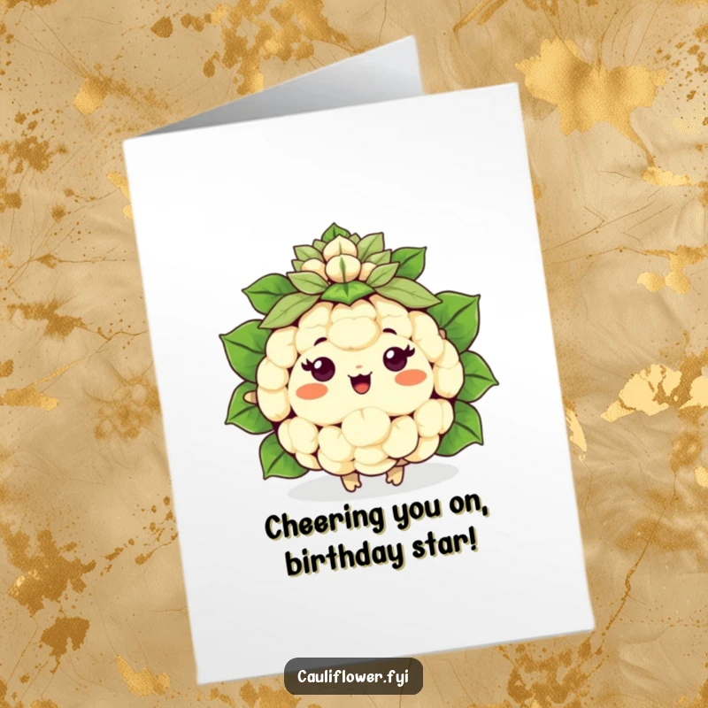 Funny Free Printable Birthday Card: Happy Kawaii cauliflower cheering with a green leaf pom-pom, full of excitement, great DIY.