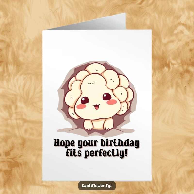 Funny Free Printable Birthday Card: Cauliflower character comically stuck in a hole, peeking out with a sheepish grin.