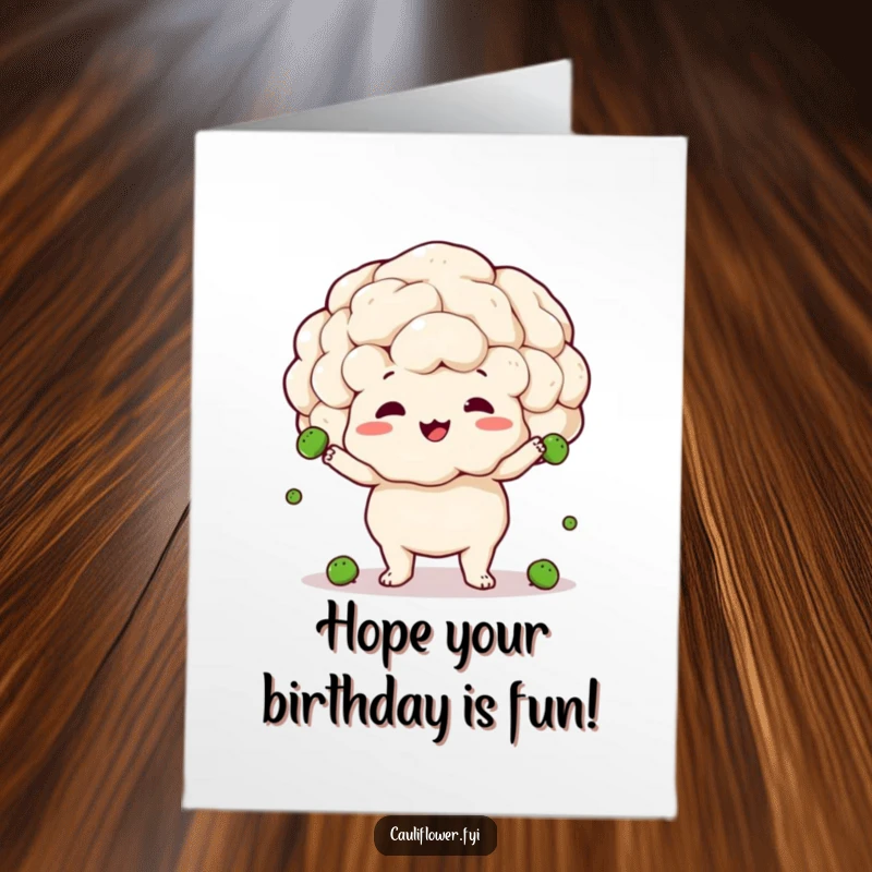 Funny free printable birthday card: a delighted cauliflower clumsily juggling small green peas with an amazed expression.