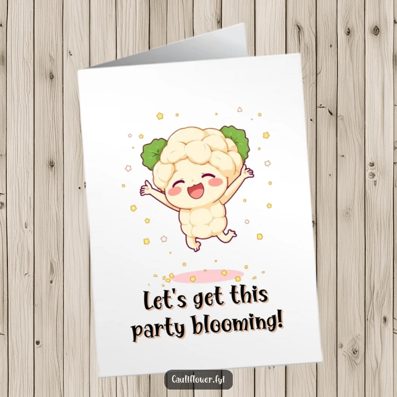 Funny free printable birthday card of a cauliflower character leaping joyfully, scattering florets like confetti.