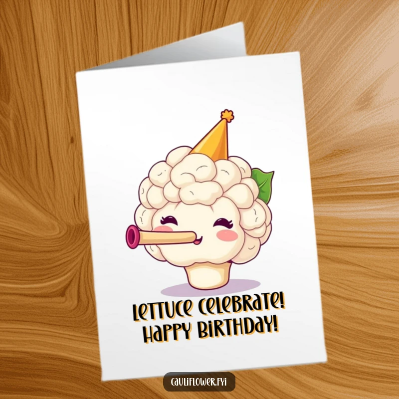 Funny free printable cauliflower wearing a party hat and blowing a tiny horn, announcing birthday fun, festive downloadable art.