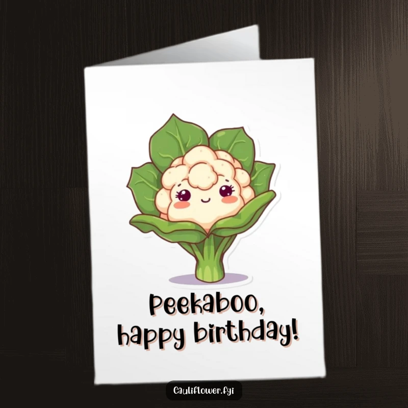 Funny Free Printable Birthday Card showing a kawaii cauliflower playfully peeking from behind a large green leaf, ready to surprise.