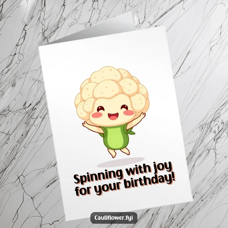 Funny Free Printable Birthday Card featuring a smiling cauliflower floret performing a graceful pirouette, full of joy.
