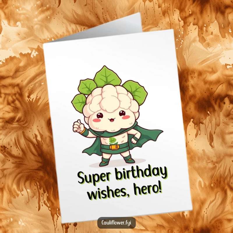 Funny Free Printable Birthday Card: Kawaii cauliflower as a superhero, flexing a leafy arm, ready to save the birthday.